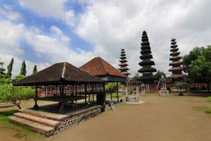 Traditional Balinese temple with pagoda-style towers in Mataram, Lombok.