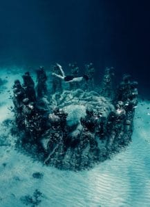 Underwater sculpture with divers around in the Gili Islands, Lombok.